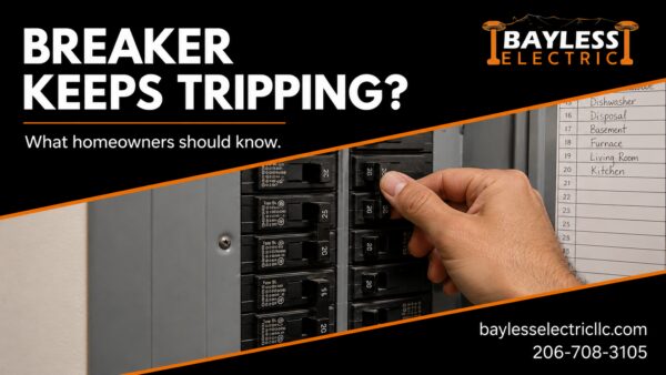 Bayless Electric graphic about a breaker that keeps tripping, featuring a residential electrical panel