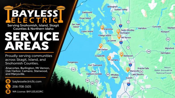 Bayless Electric service areas across Skagit, Island and Snohomish Counties in Northwest Washington